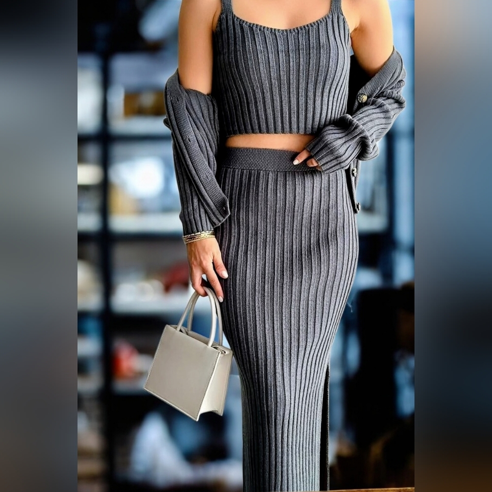 3-Piece Ribbed Knit Set Cardigan Crop Top Maxi Skirt Slit Blue Gray NWT